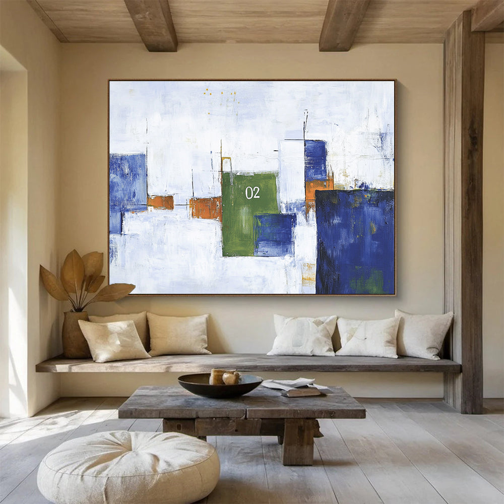 Geometric Numbered Abstract Painting with Blue Green and Orange DYP323