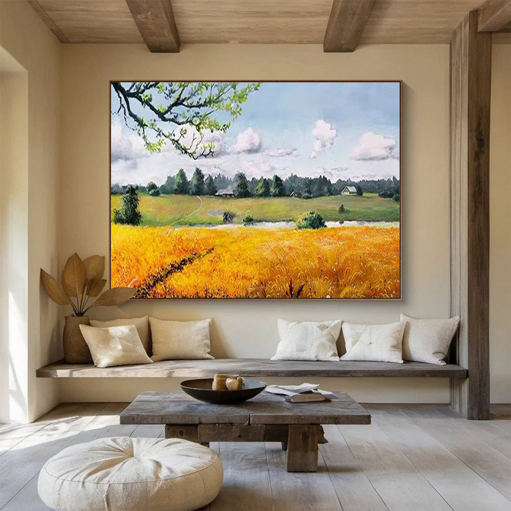 Countryside Field Abstract Painting with Yellow, Green, and Blue Tones THY208