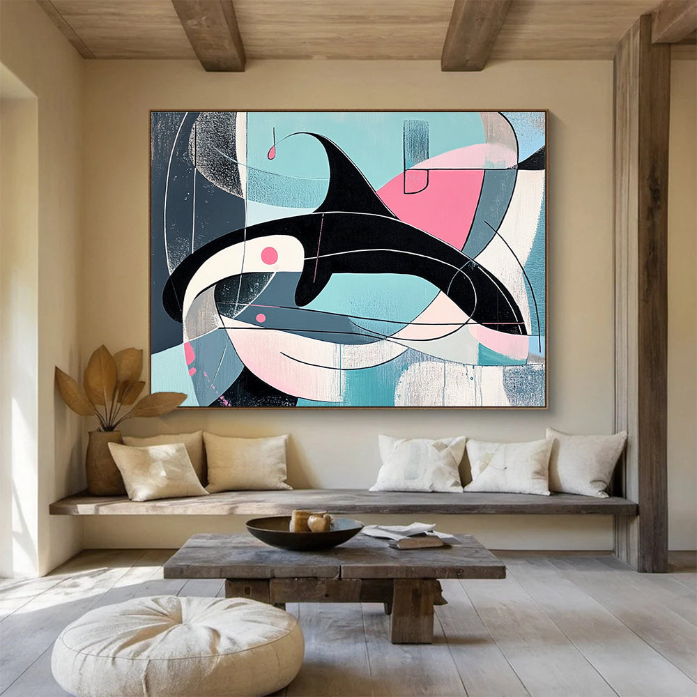 Geometric Orca Abstract Painting with Pastel and Dark Tones DYP343