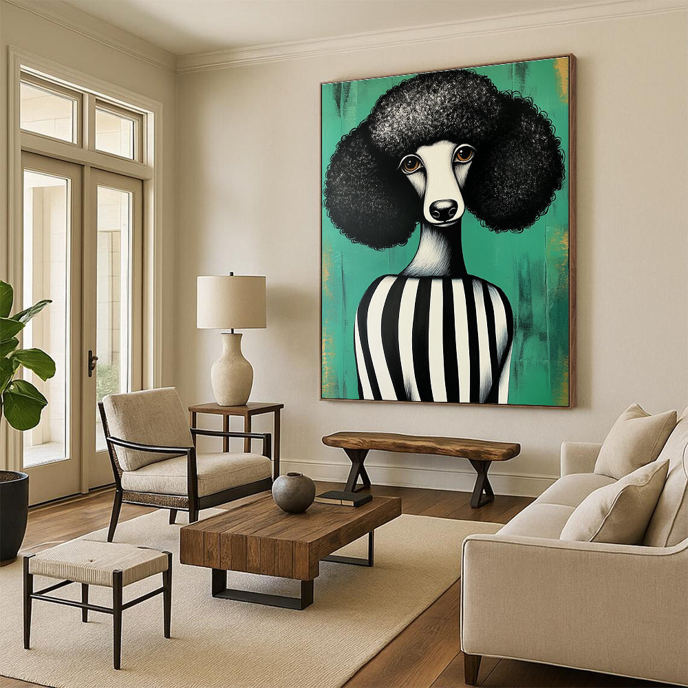 Abstract painting featuring a black and white poodle in a striped dress against a green background inspired by Shepard Fairey style.STSC912