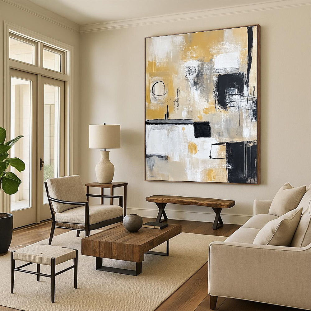 Yellow - Toned Abstract Painting with Black, White, and Beige GER321