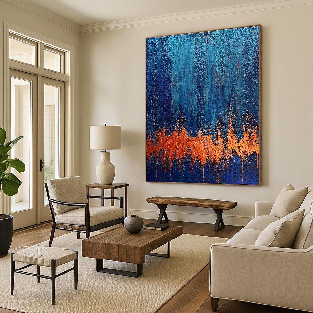 Large abstract painting on textured canvas showcasing rust and blue tones evoking a twilight forest with a copper bark-like foreground.STSC720