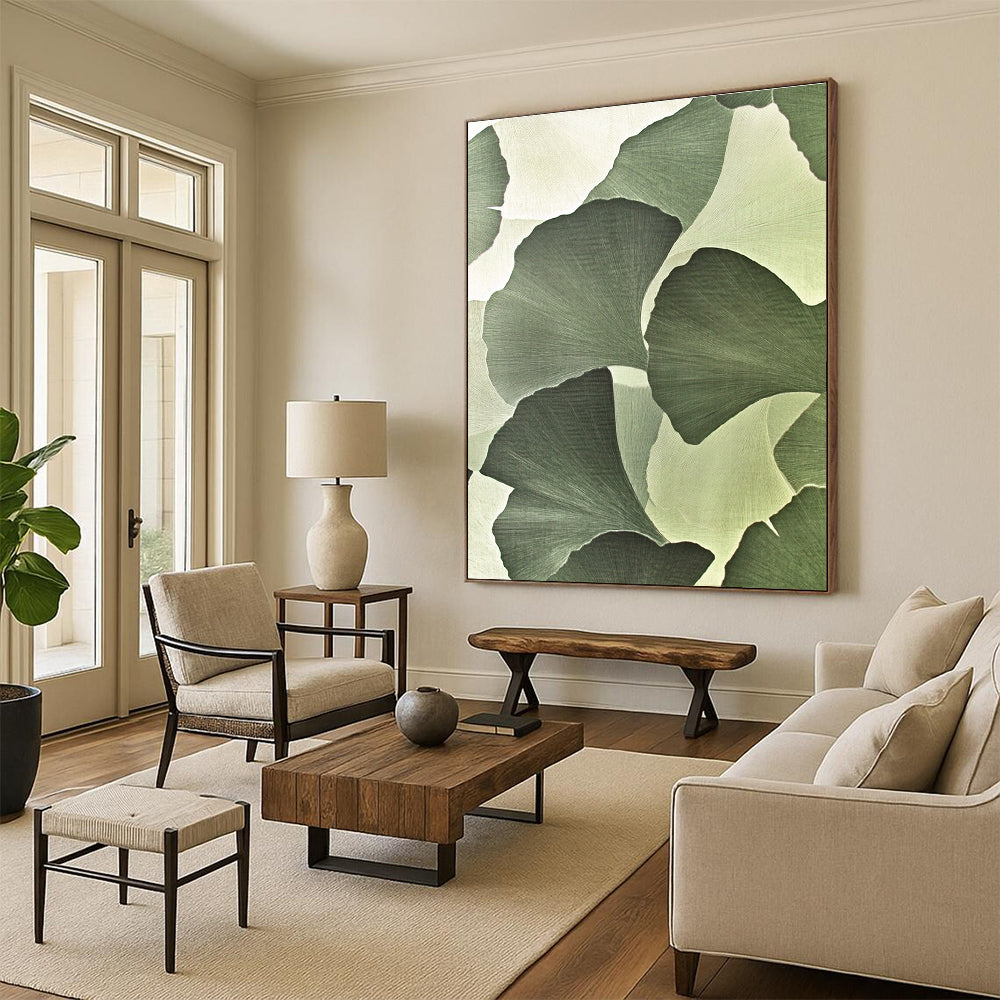 Large abstract painting featuring ginkgo leaves in strong geometric elements with silk-like texture and high-definition detail on a light green and white background.STSC942