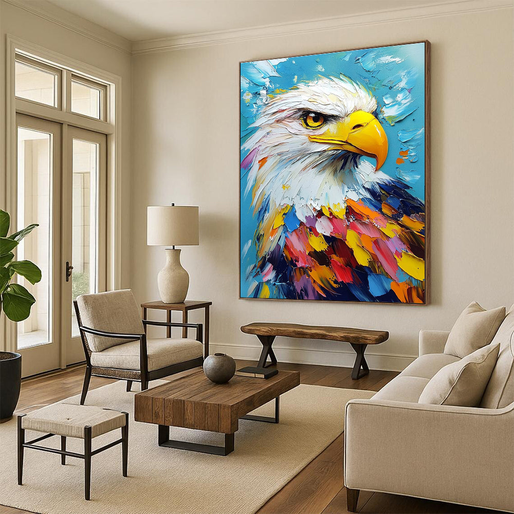 Large abstract painting featuring a colorful bald eagle portrait on a vibrant blue background, created with impasto oil techniques on canvas.STSC1285