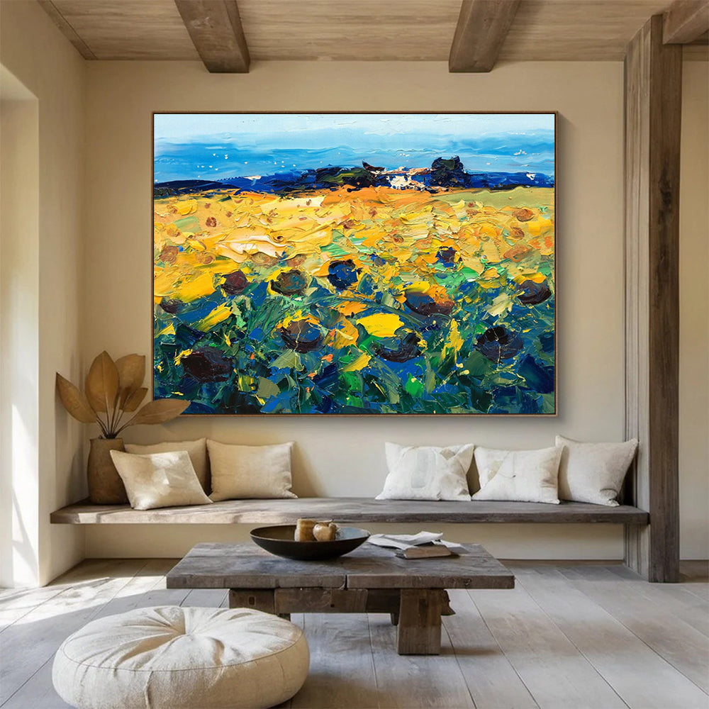Yellow Blue Green Sunflower Field Painting THY485