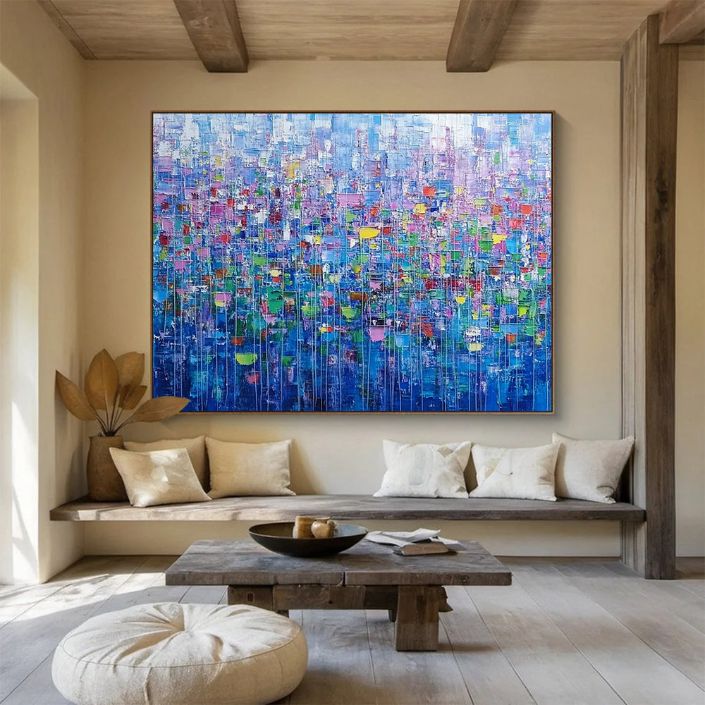 Large abstract painting of an urban landscape created with colorful squares and lines resembling small flowers in vibrant shades.SC474