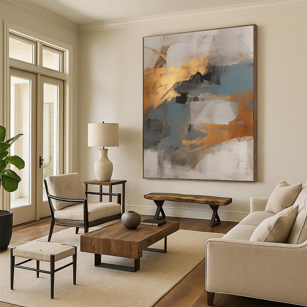 Gold, Blue, and Gray Abstract Painting with Dynamic Shapes ADGE136