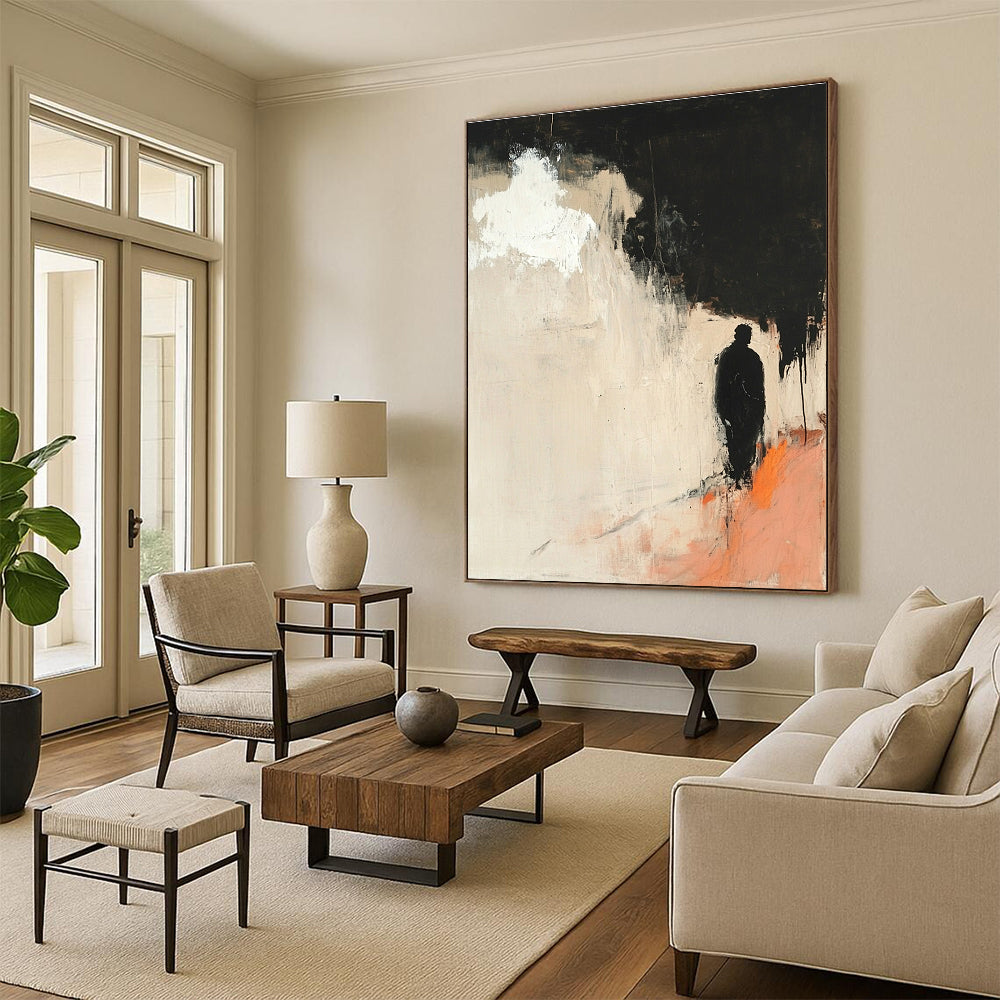 Large abstract painting with minimalist light pink and black hues features a silhouette of an old man and a white cloud with orange highlights.STSC247