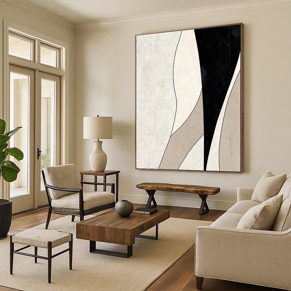 Black and Beige Curved Abstract Painting with Smooth Lines GER058