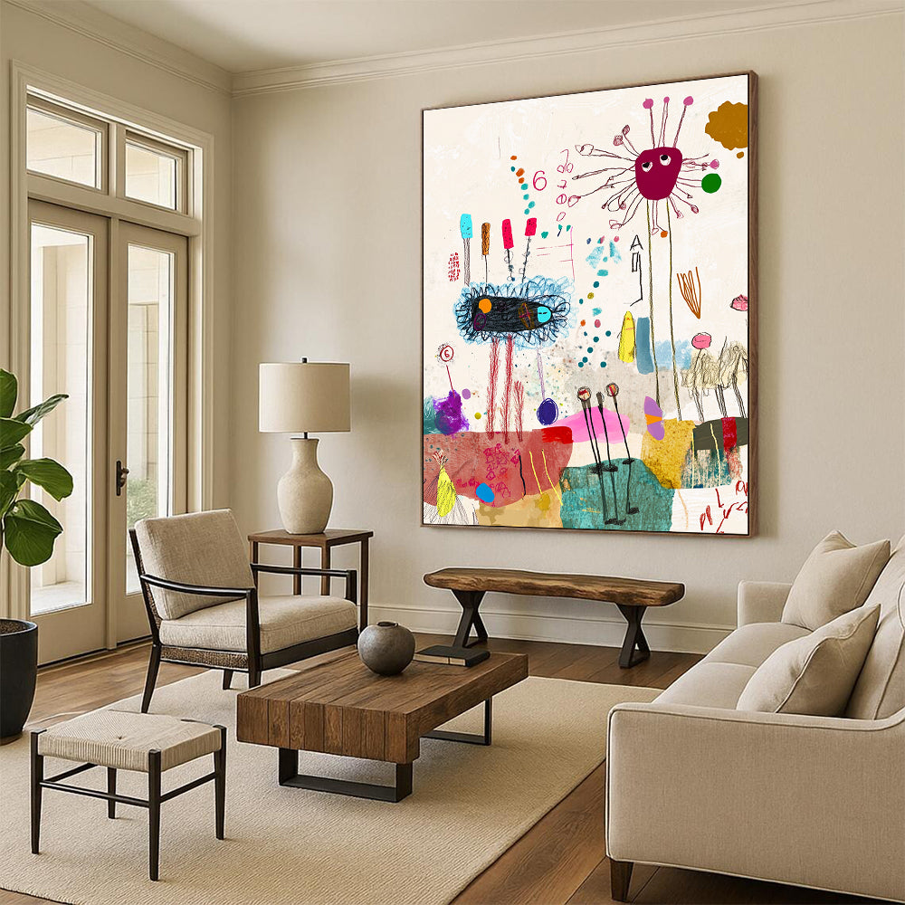 A large abstract painting featuring whimsical shapes and lines, soft pastels, and nature-inspired collages with a dynamic dancing group highlighted by the number six.STSC971