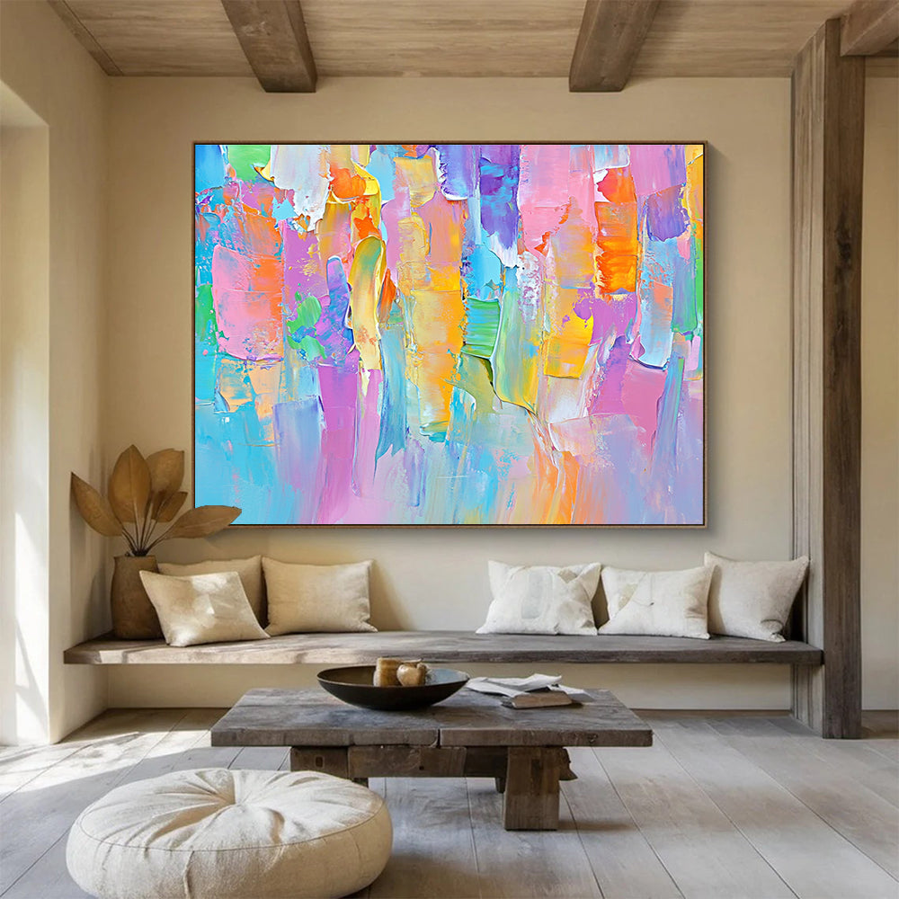 Large abstract painting featuring soft pastels and bold lines, evoking springtime joy with vibrant colors and playful brushstrokes.SC185