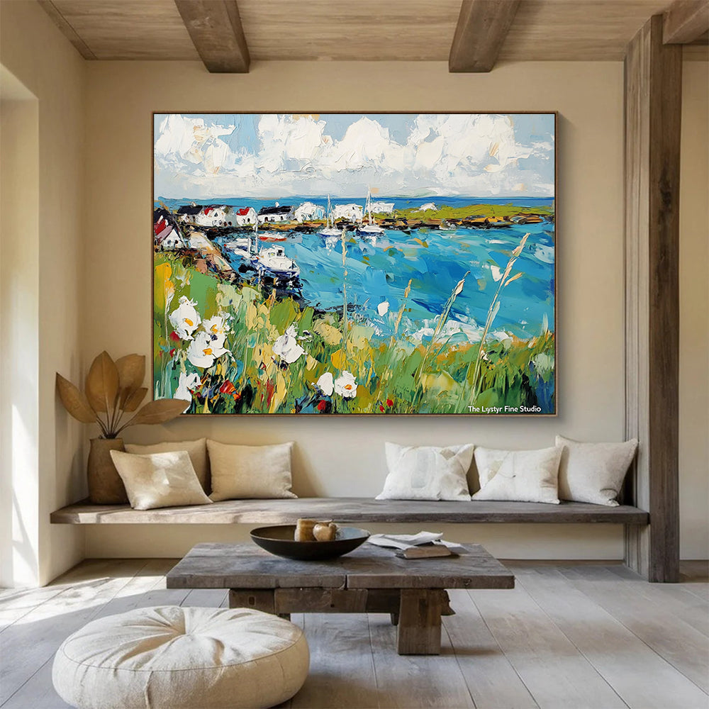 Harbor Landscape Abstract Painting with Blue, Green and White DYP118