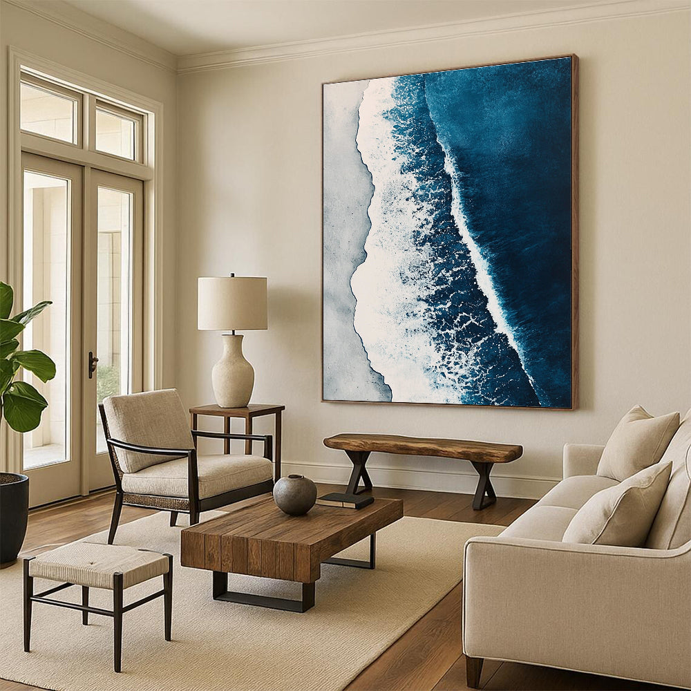 Abstract painting featuring ocean waves in shades of blue and white with elegant brushstrokes and a watercolor aesthetic in high-resolution detail.STSC531