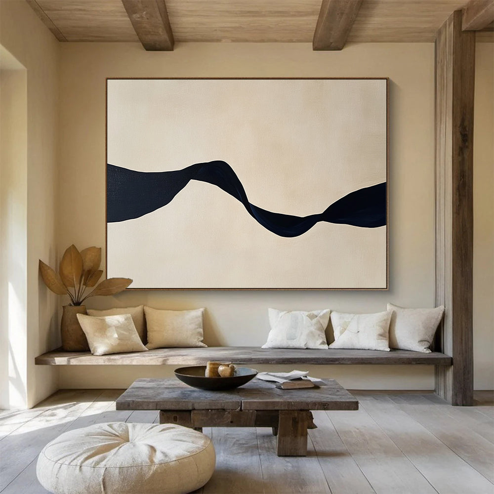 Large abstract painting featuring minimalist black ribbon shapes against a light beige background, embodying tranquility and elegance in any space.SC588