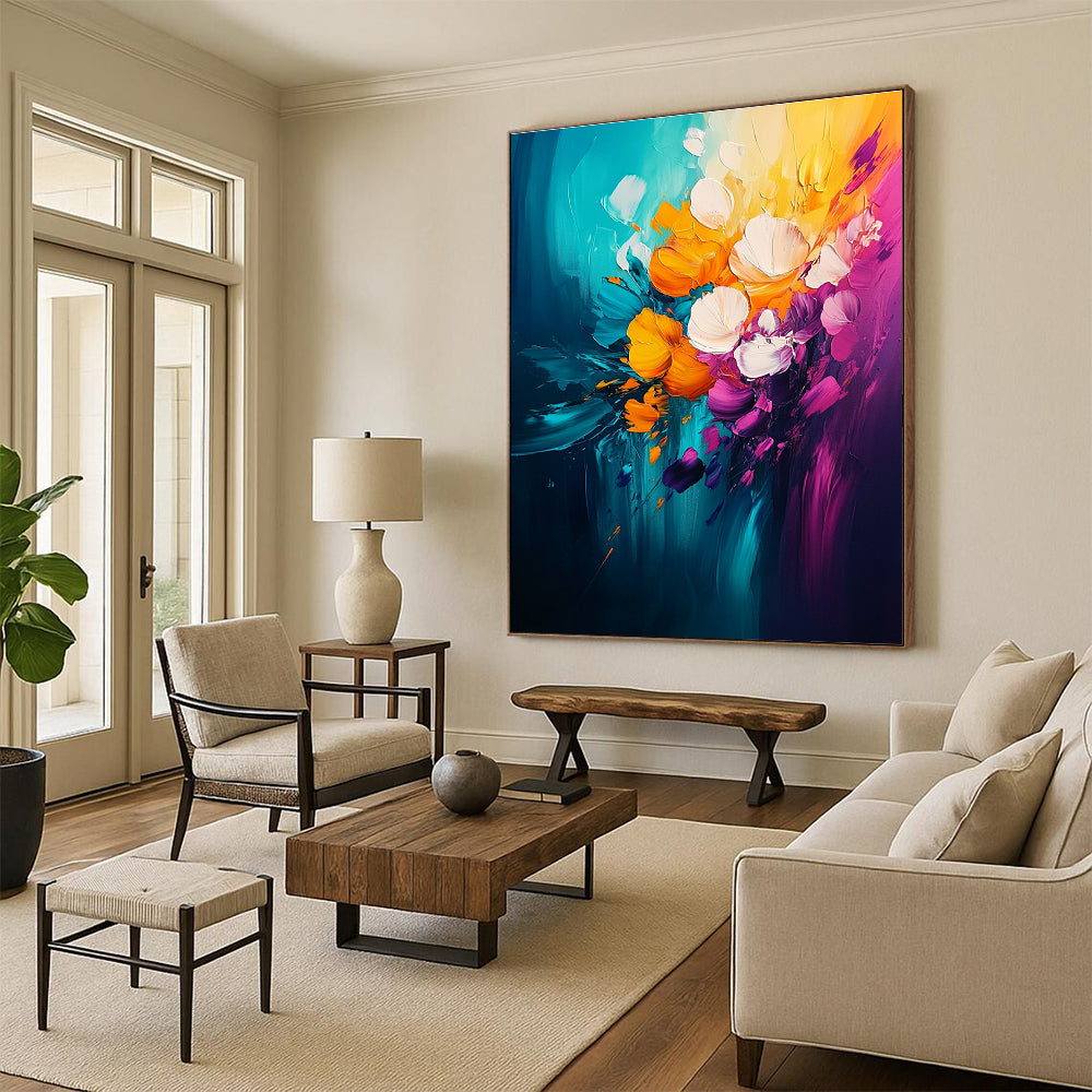 Large abstract painting featuring vibrant yellow teal orange pink purple and white florals on a dark background with dynamic brush strokes.STSC051