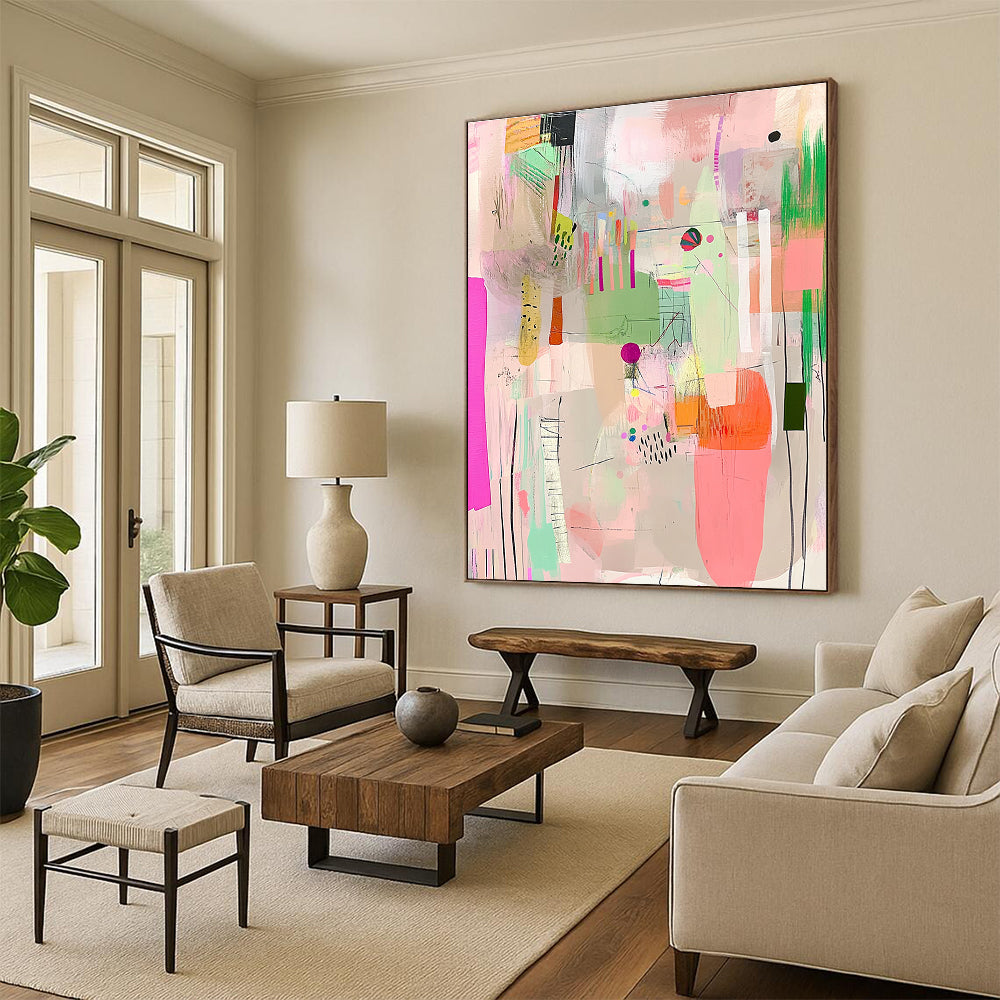 Large abstract artwork features vibrant pinks greens and yellows with playful textures patterns and a joyful sense of movement against a soft white background.STSC573