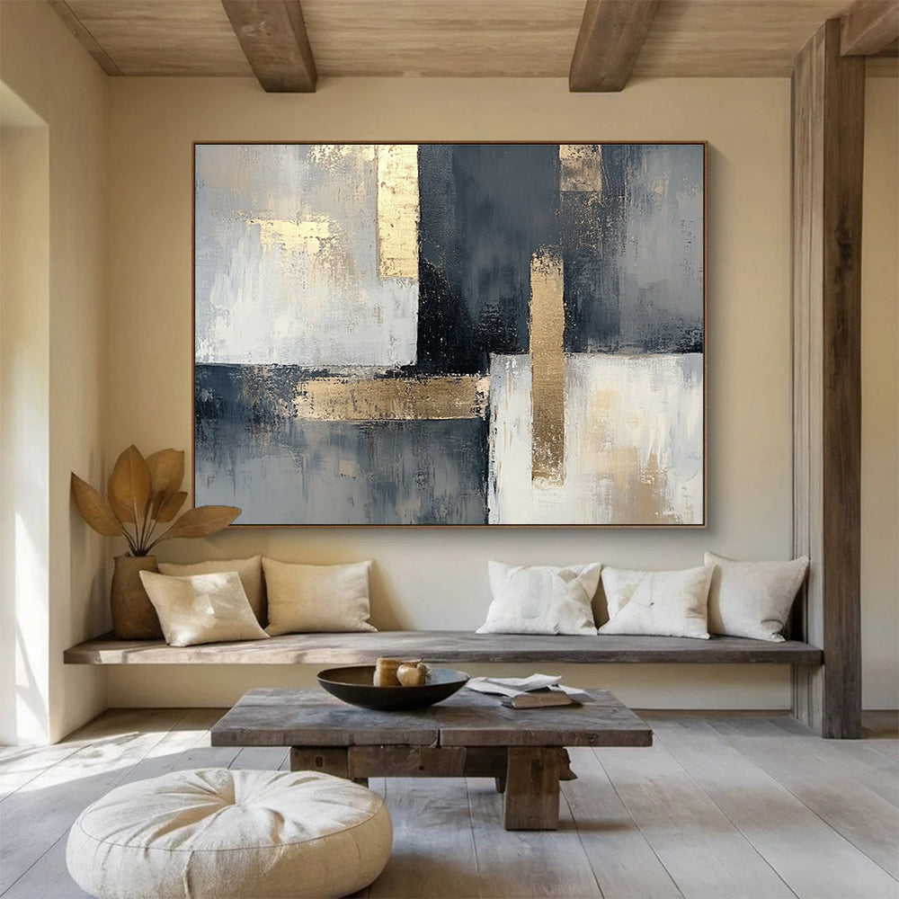 Gray and Gold Abstract Painting with Geometric Elegance DYP406