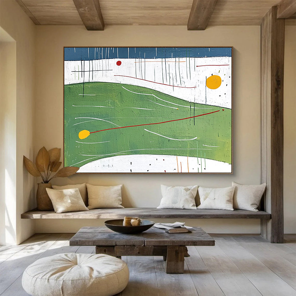 Large abstract painting featuring flat shapes and lines in green with yellow bubbles orange curves and red arrows against a white background and blue sky.SC176