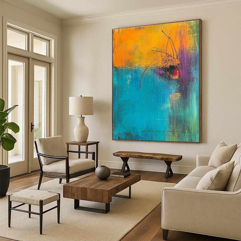 Abstract painting featuring a turquoise and amber background with magenta highlights and an orange foreground accented in yellow green and blue.STSC405