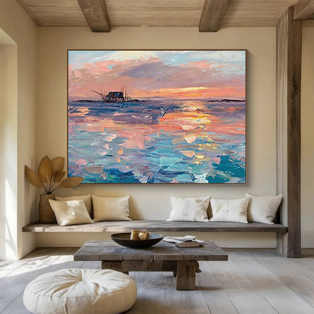 Sunset Fishing Village Abstract Painting with Pink, Orange, and Blue Tones THY205