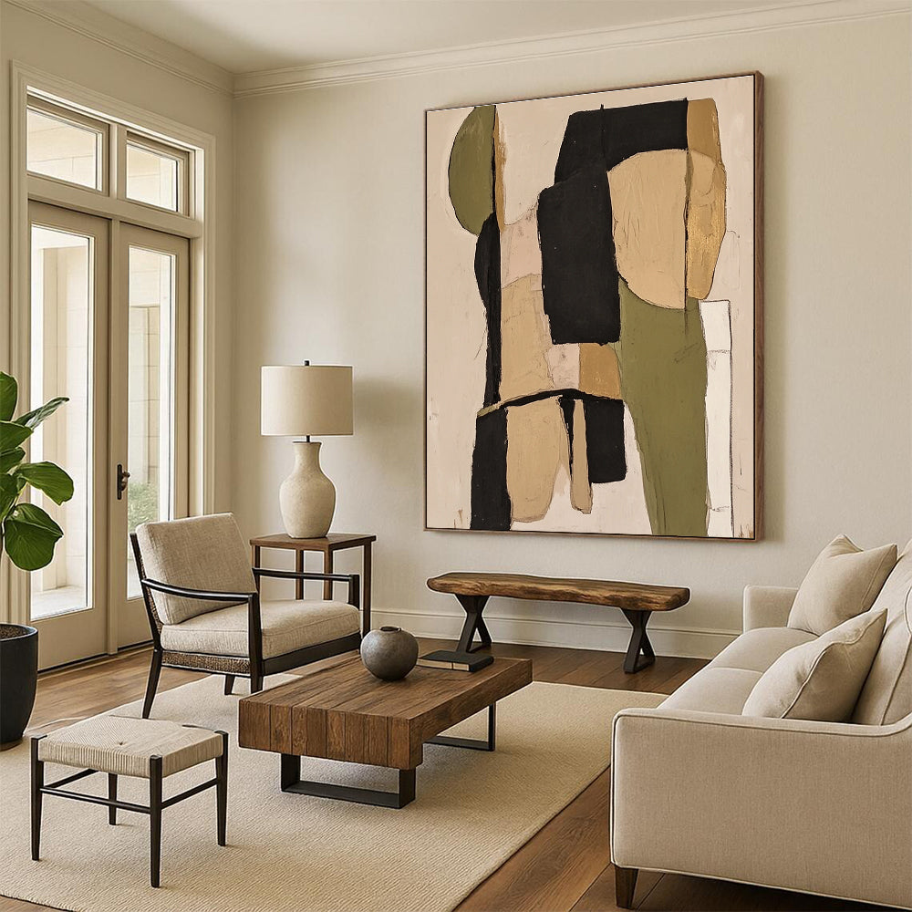 Large abstract painting featuring sage green and black tones with beige and neutral colors for a sophisticated artistic touch.STSC481