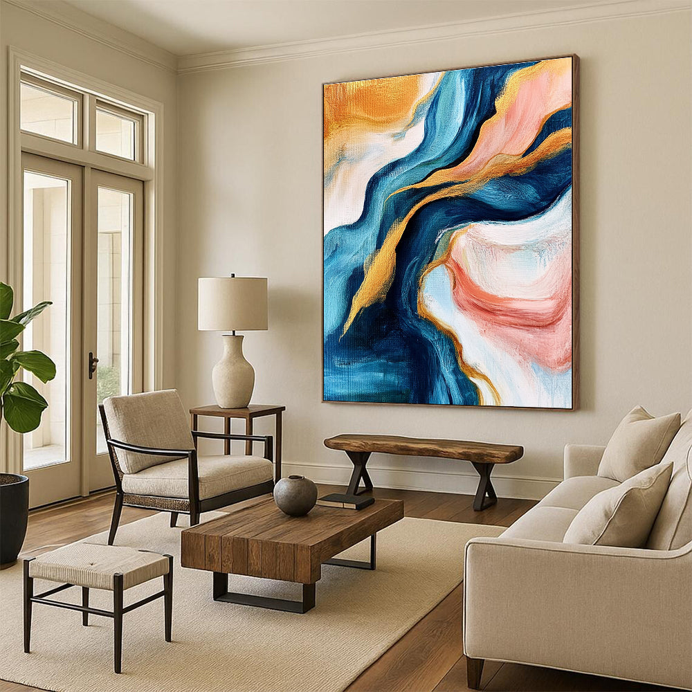 Blue and Gold Abstract Painting with Flowing Motions GER464