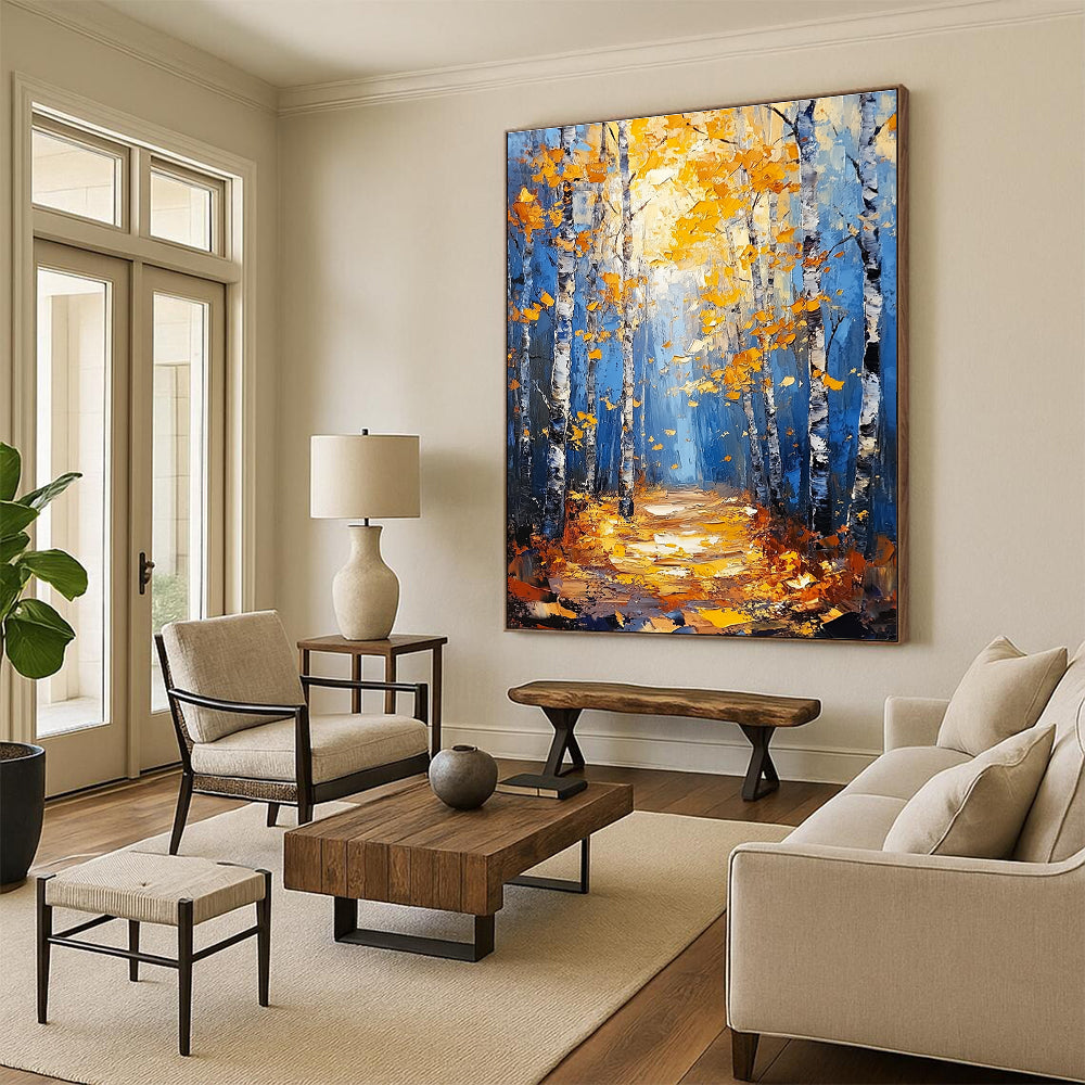 Large abstract painting of birch trees in autumn featuring blue and gold tones with textured background and tranquil atmosphere of sunlight filtering through branches.STSC870
