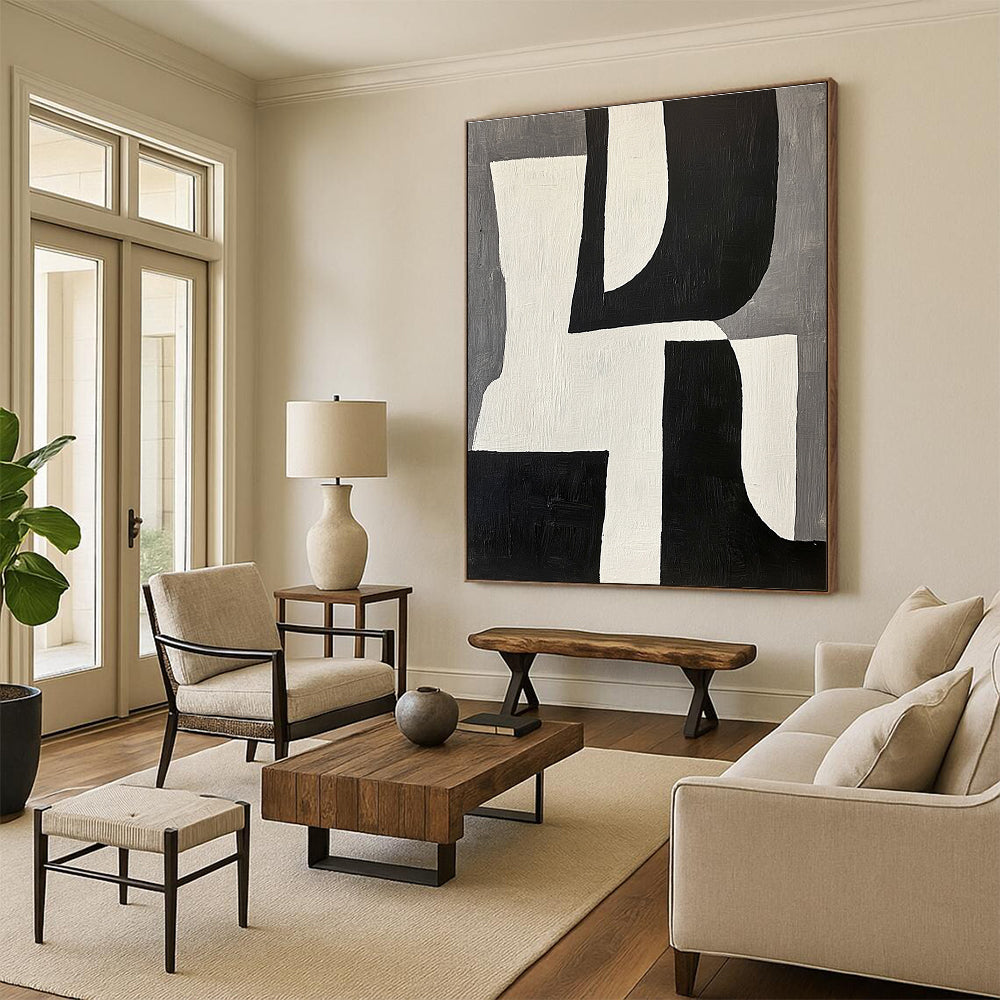 Geometric Black White and Gray Abstract Painting GER611