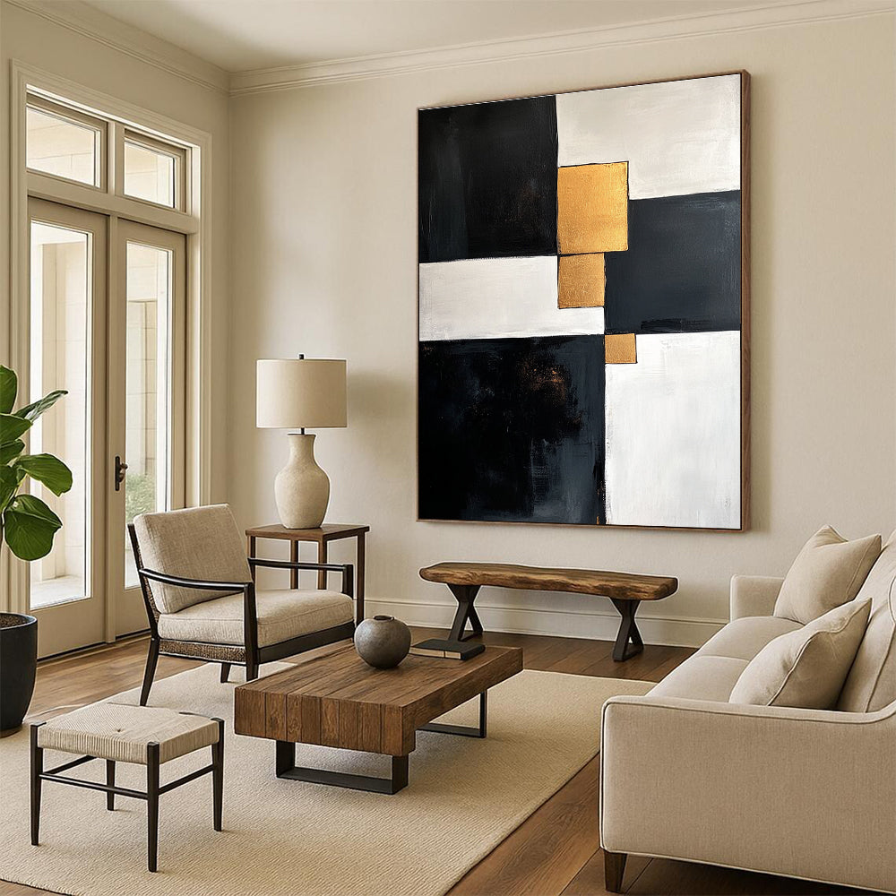 Black White and Gold Abstract Painting with Geometric Gold Accents GER667