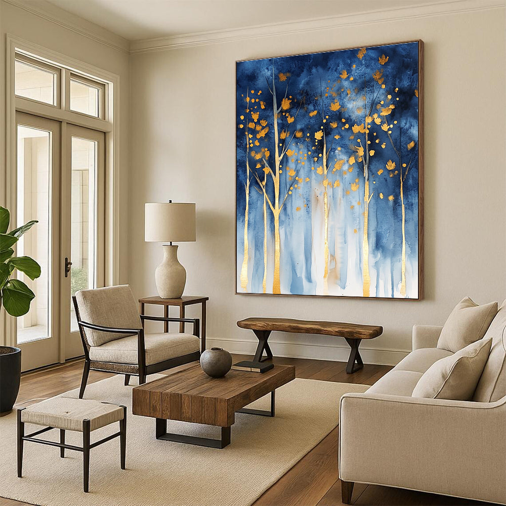 Abstract forest in watercolor with blue and gold hues and gold foil accents featuring trees with golden leaves against a dark sky.STSC059