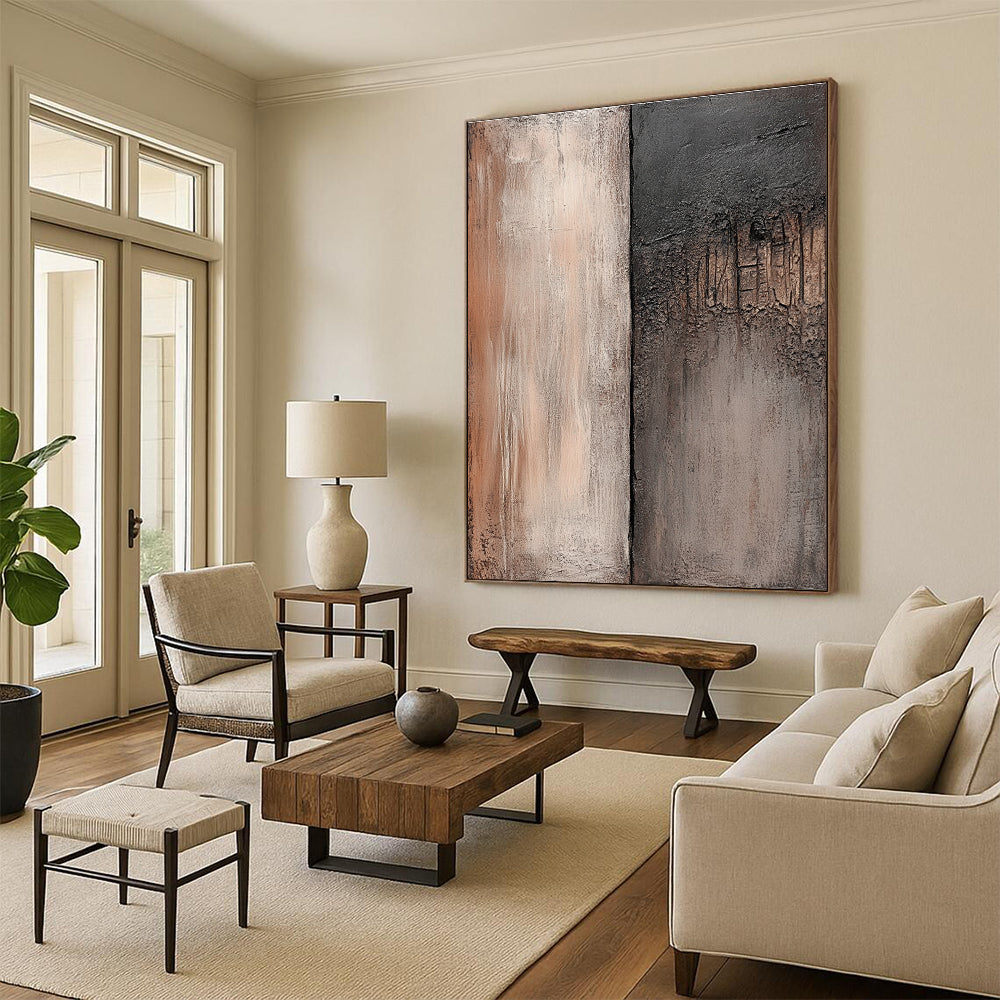 Large abstract painting featuring weathered wood and stone textures in muted browns and grays perfect for diverse creative projects.STSC538