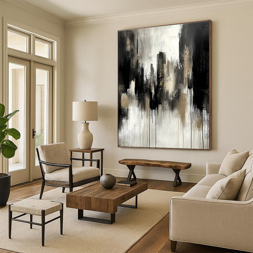 Abstract painting featuring neutral tones of grey and black with urban landscape elements and dramatic mood, enhanced by soft lighting and paint drips.STSC250