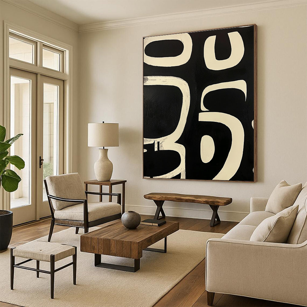 Black White Curved Forms Abstract Painting GER823