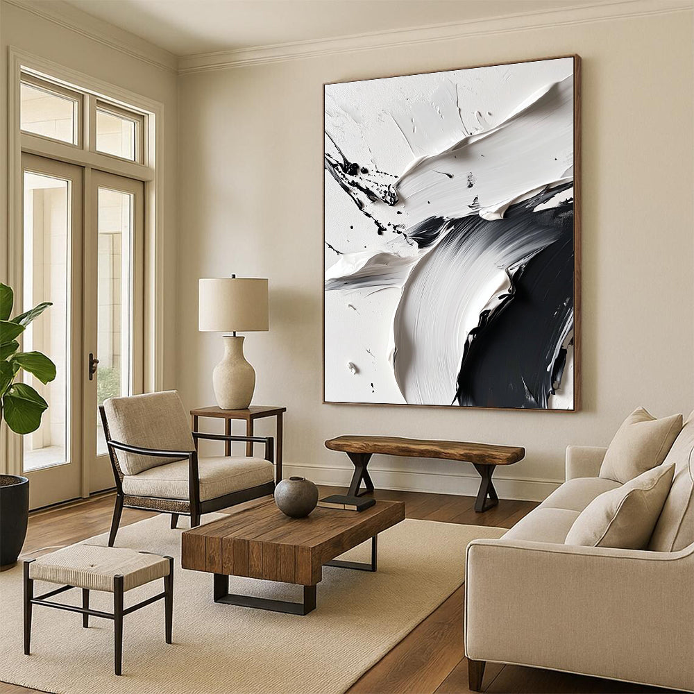 Black White Abstract Painting with Dynamic Textures GER739