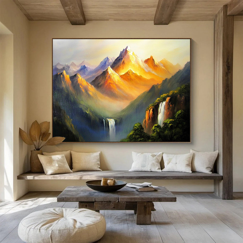 Golden Mountain Peaks Abstract Painting with Orange and Purple Tones DYP576