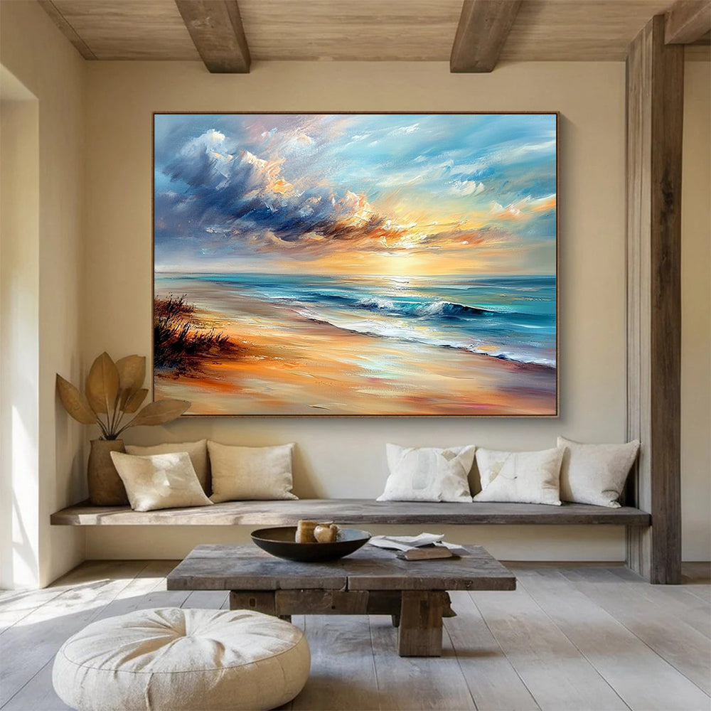 A large abstract painting capturing a serene beach scene with soft sunset colors and textured brush strokes in Impressionist style.SC415