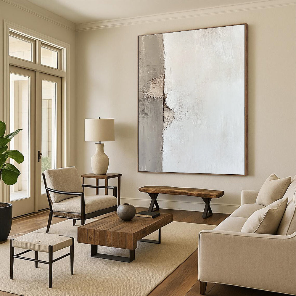 Large abstract painting of an off-white wall with textured brushwork showcasing peeling paint and soft edges in subtle tonal values.STSC653