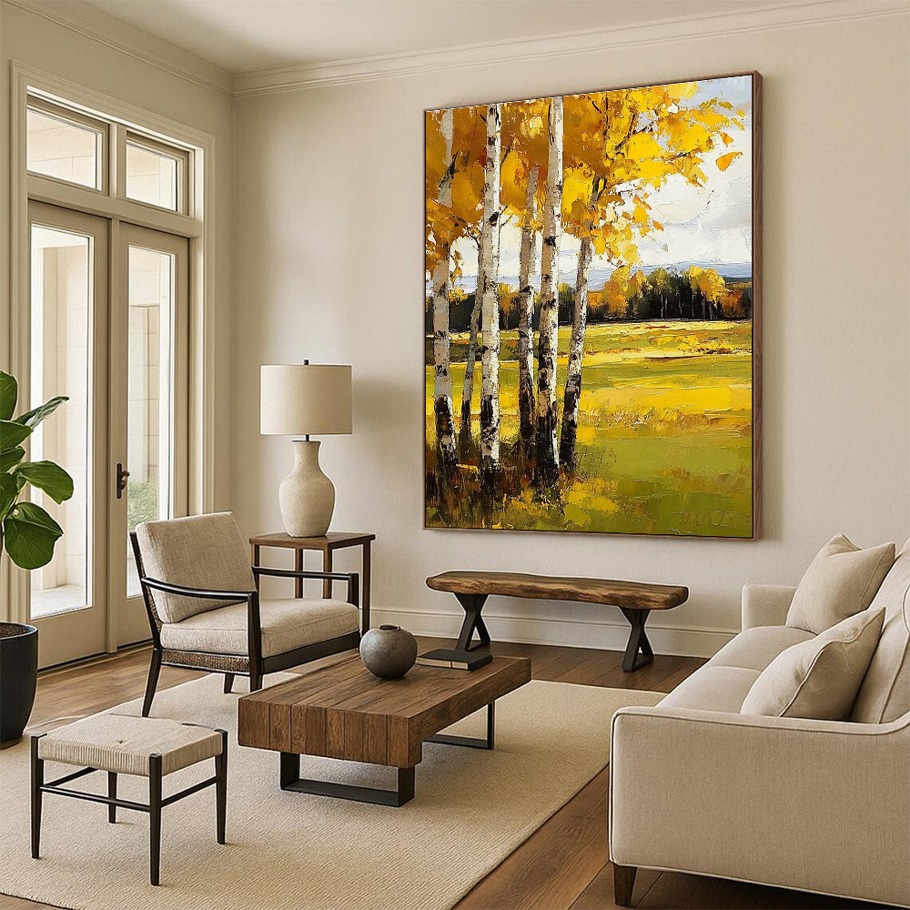 Abstract painting featuring yellow birch trees vibrant autumn colors textured depth and realistic detail in a captivating landscape setting.STSC1015