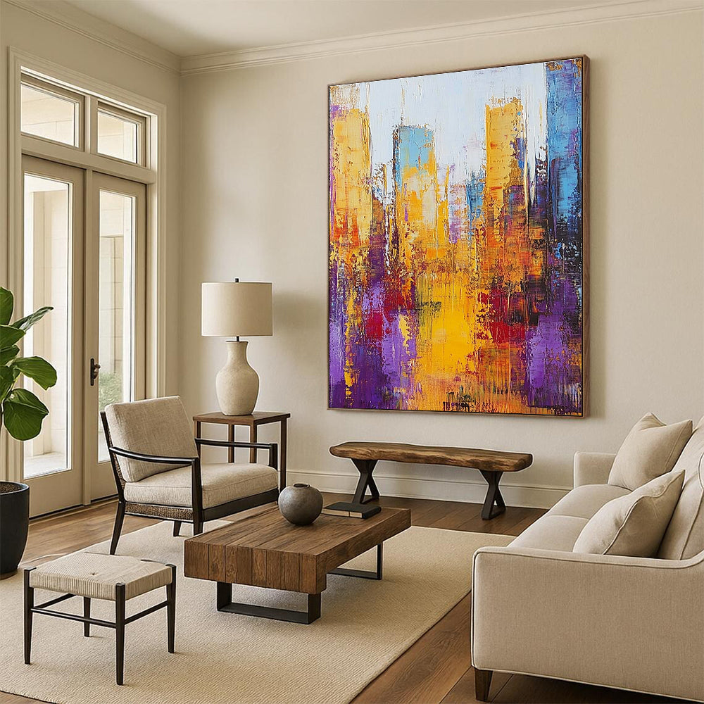 Large abstract painting of a cityscape with thick brush strokes in gold and purple on a textured canvas.STSC161