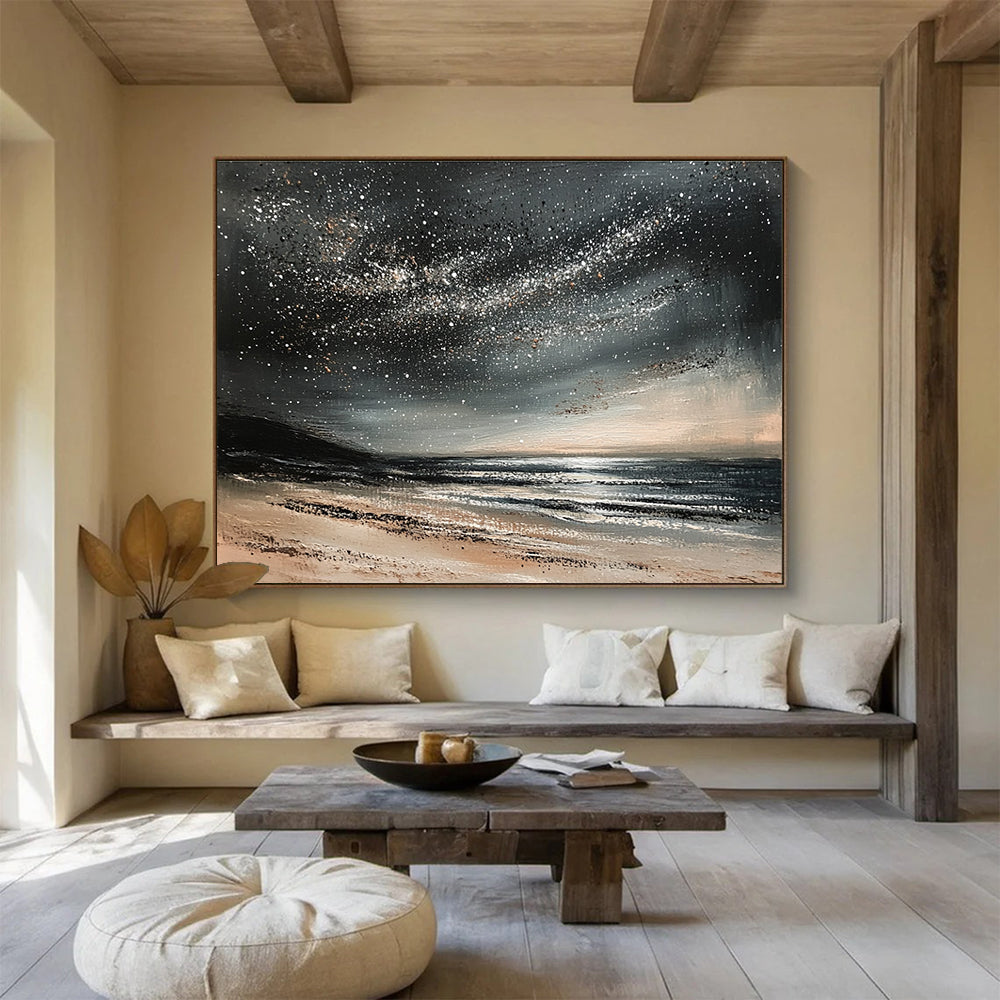 A large abstract painting depicting a calm ocean under a starry night sky with gentle waves and muted gray and black tones.SC528