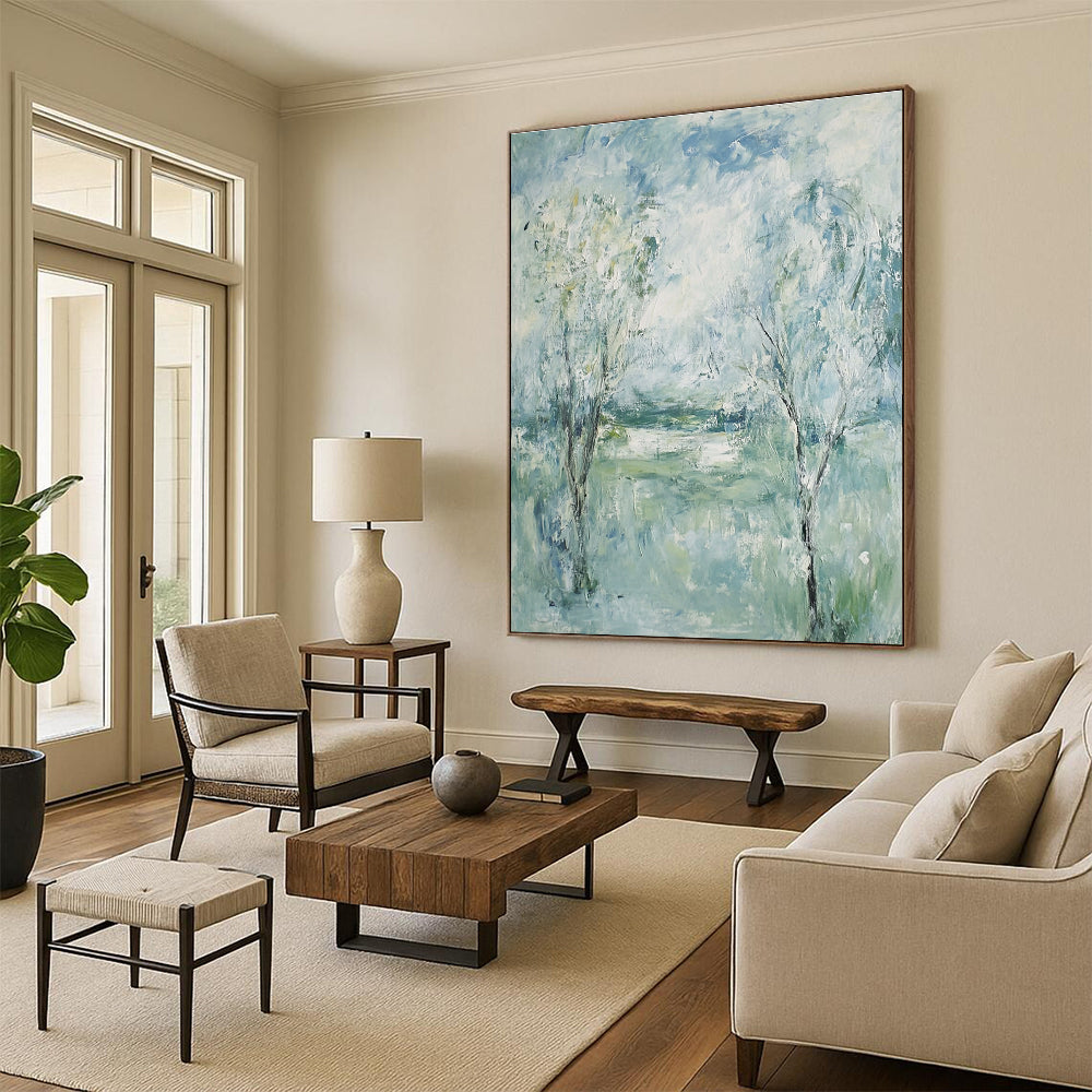 Large abstract painting featuring trees and grass under a blue sky with green and white clouds in an Impressionist style.STSC352
