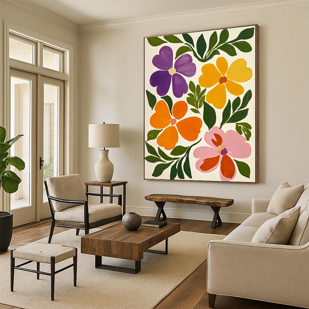 Large abstract painting featuring vibrant flowers with violet and green leaves against a white background in the style of Maira Kalman.STSC1317