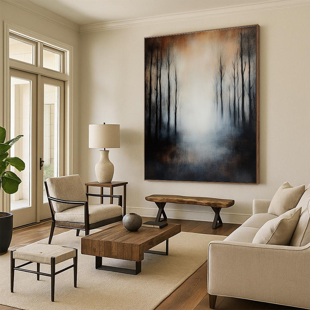 Large abstract painting of an eerie forest featuring black trees muted colors foggy atmosphere and impressionistic brushstrokes on textured canvas.STSC259