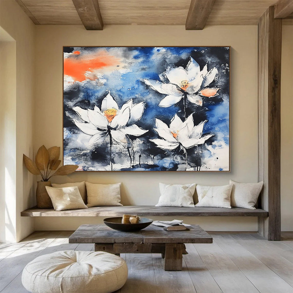 Ink - Wash Lotus Flowers Abstract Painting with Blue Black and White Tones DYP580