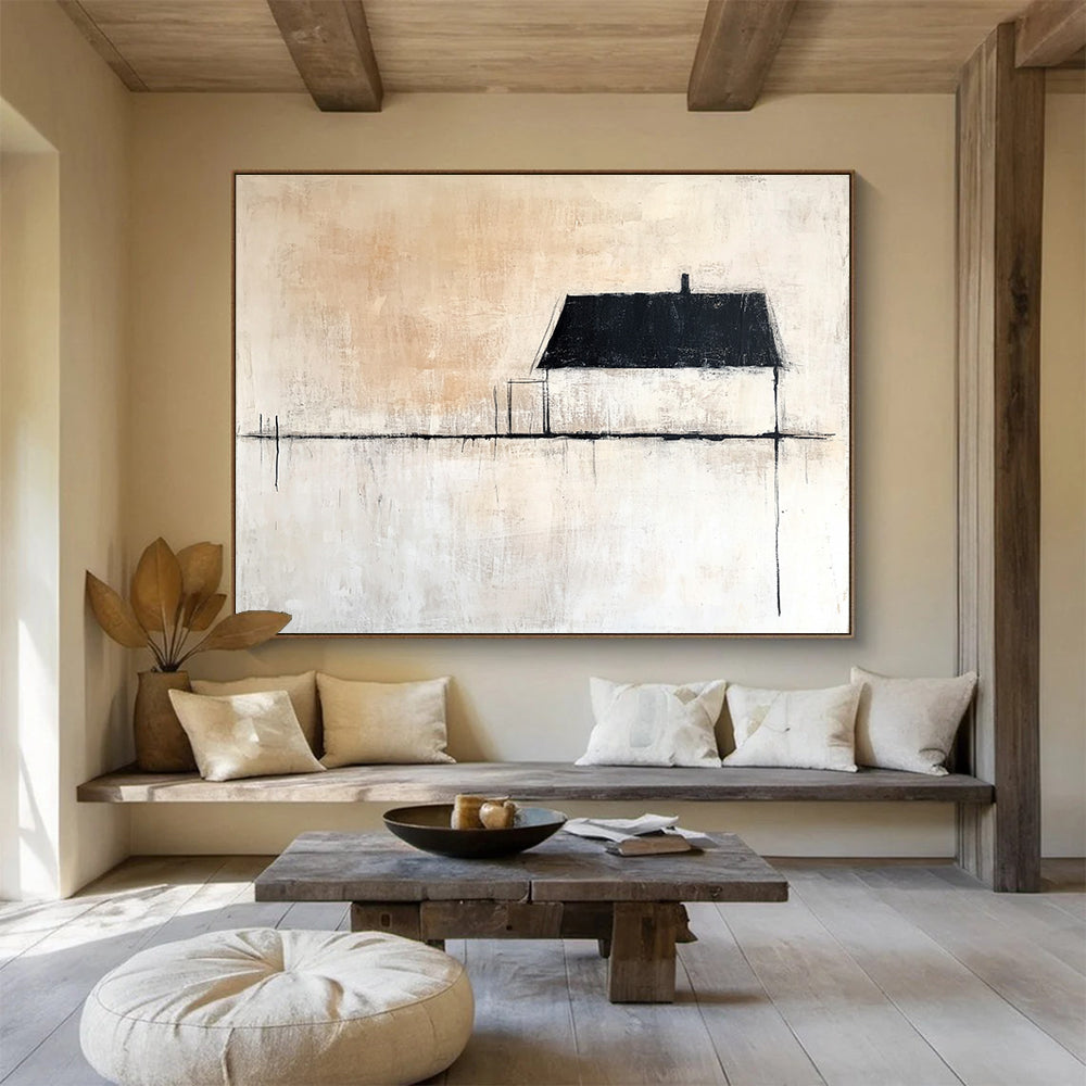 Large abstract painting featuring neutral tones with a single black line beside an old house and expansive white space. Minimalist style enhances tranquility.SC145