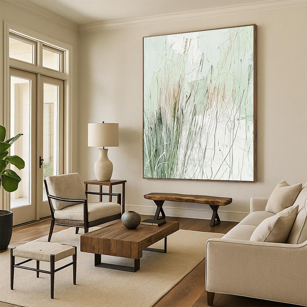 Abstract painting featuring light green and white, layered with delicate lines and wild grasses for a serene nature-inspired aesthetic.STSC939