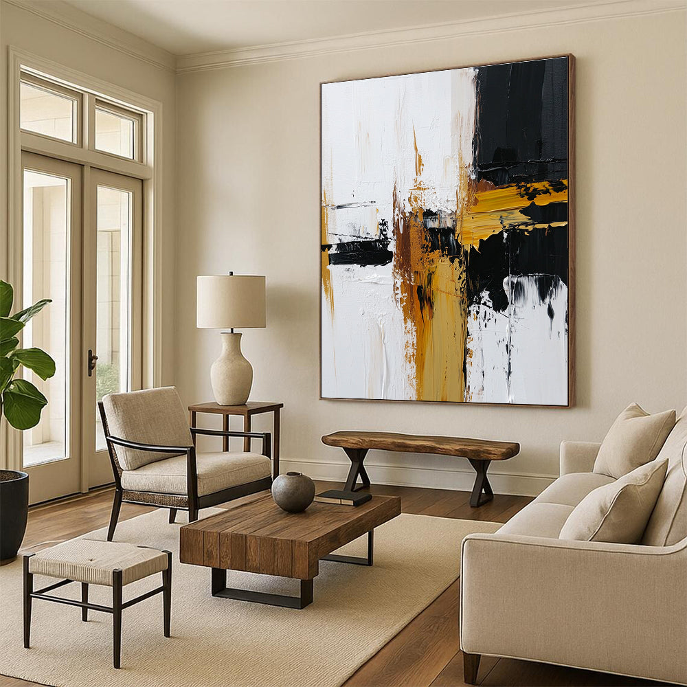 Black White and Gold Abstract Painting with Dynamic Strokes GER483