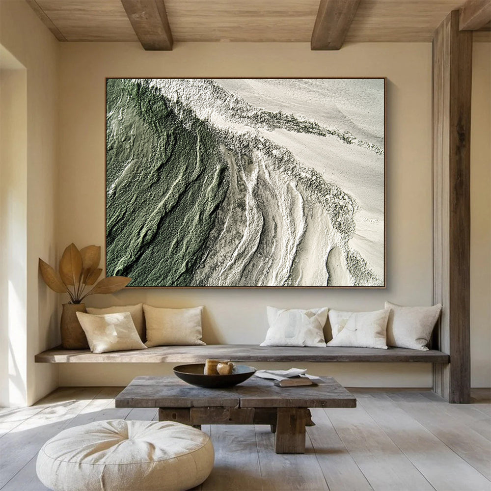 Large abstract painting showcasing hyper-realistic textures of sand, sea, and moss-green and grey hues for a captivating artistic experience.SC577