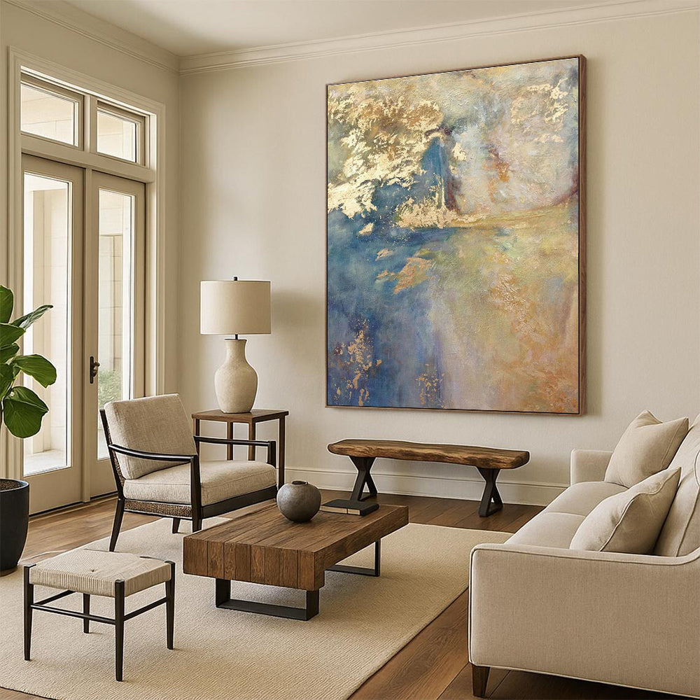 Blue and Gold Abstract Painting with Dreamy Layers ADGE518
