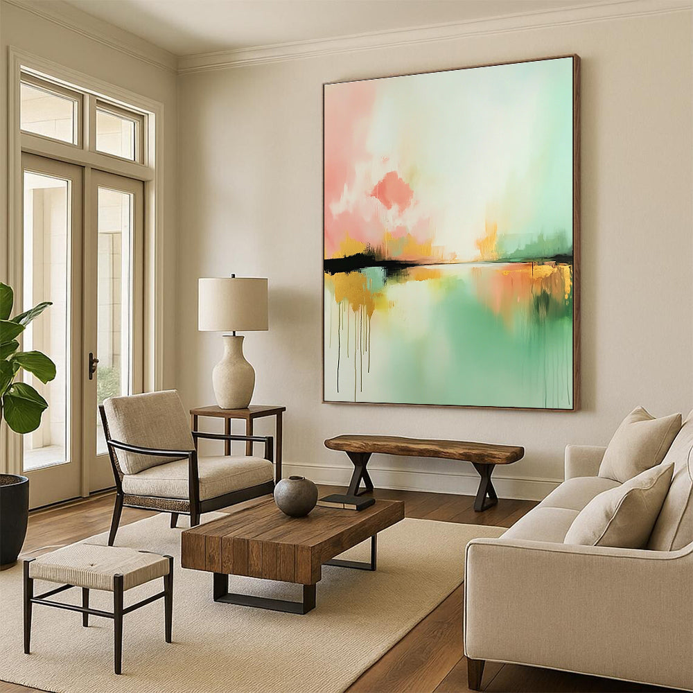 Large abstract painting inspired by Claude Monet featuring light pink mint green and gold hues with expressive brush strokes and a serene water foreground.STSC086